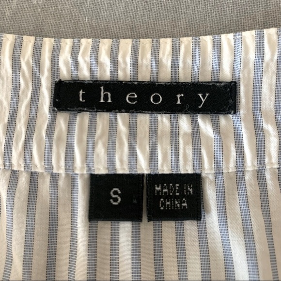 THEORY Poplin Blue & White Striped Scoop Neck Short Sleeve Blouse Size Small - Picture 2 of 16